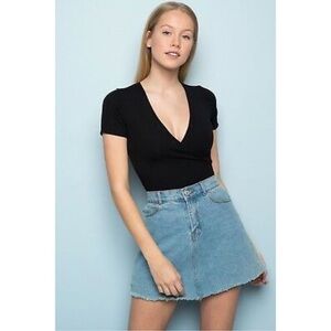 Brandy Melville Black V-Neck Short Sleeve Ribbed Bodysuit